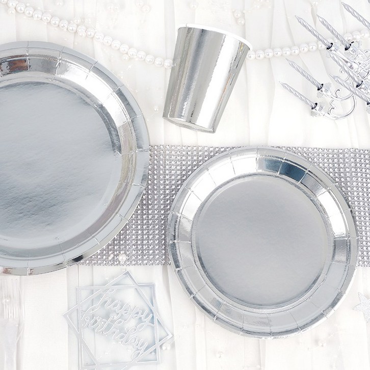 파티팡 파티접시 23cm 10p  파티접시 18cm 10p  파티컵 10p 생일 테이블패키지 10인세트, 메탈릭 실버