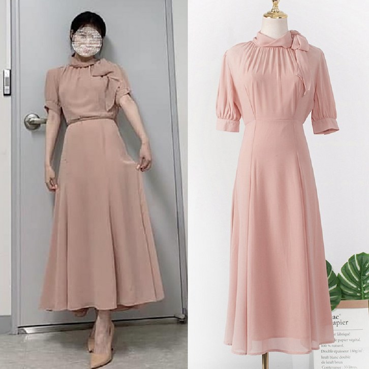 SAMARA 패션 핑크 쉬폰 롱 원피스