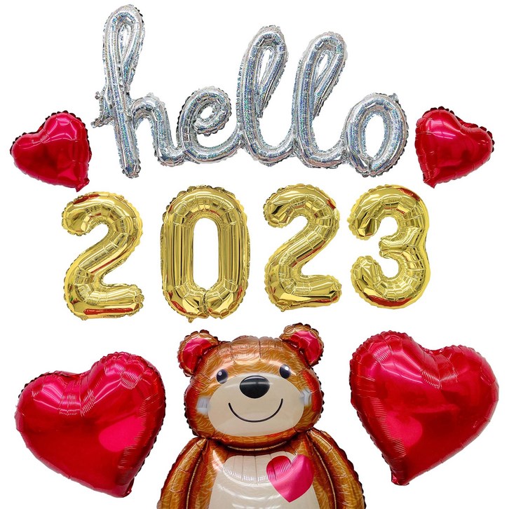 hello 2023 새해 연말 홈 파티 풍선 8종 세트, 3) hello 필기체홀로그램 + 2023골드