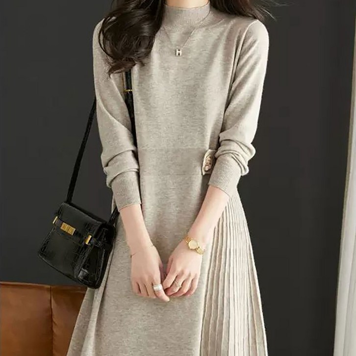 지고다그 여성 추동 니트 롱 원피스 반폴라 슬림핏 벨트 셔링 디자인 따뜻한 빅사이즈 데일리룩 YZH73598