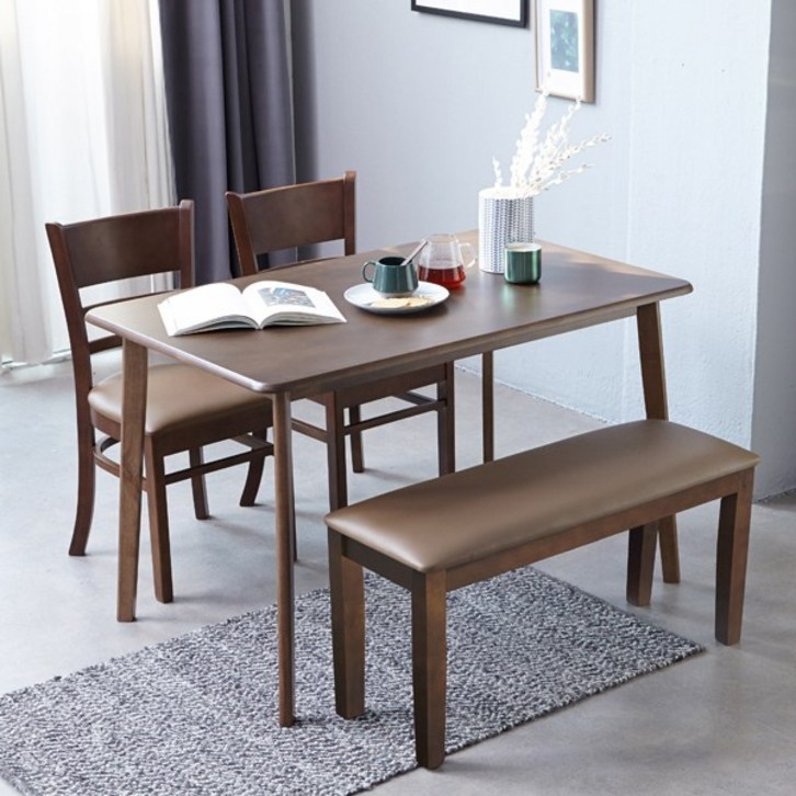 베스트리빙 캔버라 캘빈 모카 4인용 원목 식탁 테이블 세트/의자2개+벤치의자, 모카브라운