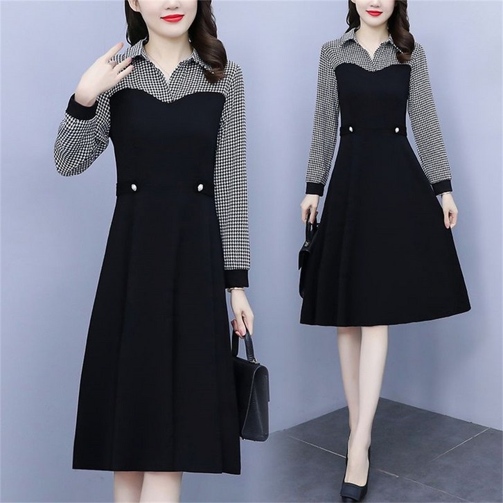 TKX 체크패턴 긴소매 셔츠 원피스 여성 가을 겨울 우아한 슬림핏 데일리룩 허리 단추 포인트 K76