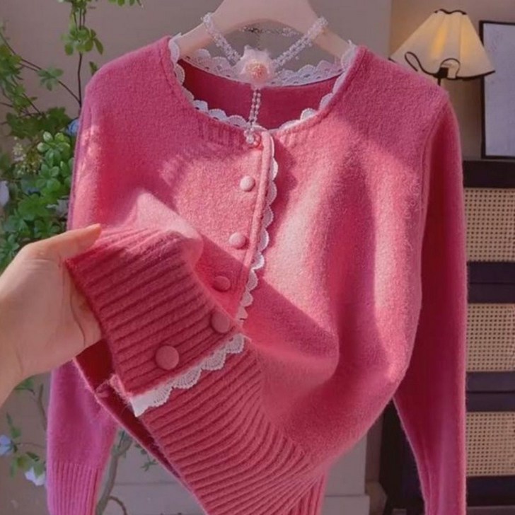 해피유통여성 봄가을 레이스 밑단 니트 가디건 귀여운 패셔너블 디자인 XG20