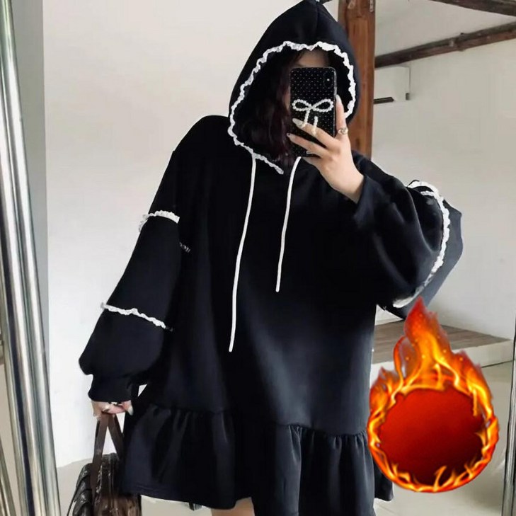 다중성 여성 가을 겨울 데일리 빅사이즈 기모 레이스 루즈핏 A라인 미니 후드 원피스25jmh11jj