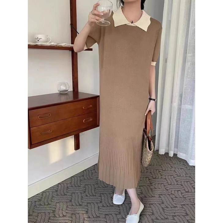배색카라 플리츠 롱 여름 카라니트원피스 배색카라 플리츠 롱 여름 카라니트원피스