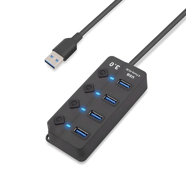 라온 USB 3.0 4포트 허브 개별스위치 RUH304A, 블랙