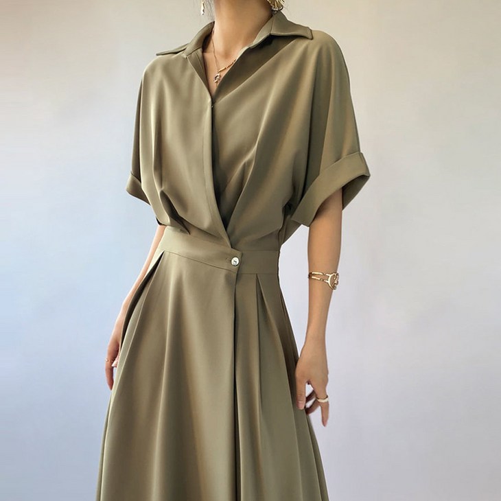 엘쏘 여성용 프렌치 셔츠 랩 롱 원피스