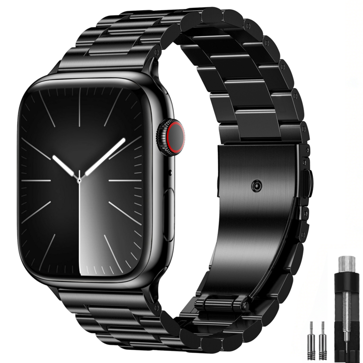 OULUOQI 애플워치 갤럭시워치 호환 메탈 밴드 스트랩 3연 스테인리스 쥬빌레 교체 스트랩  탄성 메탈 밴드, 1개, 블랙