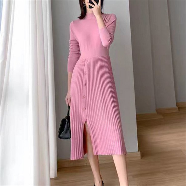 TKX 여성용 니트 롱슬리브 플리츠 원피스 가을 겨울 패션 사이드 트임 버튼 데테일 중년여성 출근룩 KC69