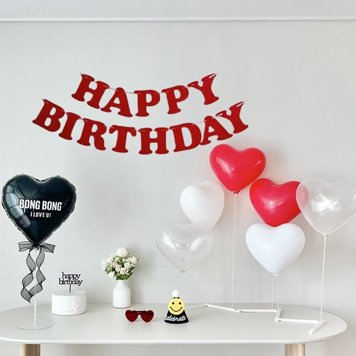 연지마켓 생일 가랜드 파티 용품 세트 하트 풍선 레터링 고깔 안경 포함, 1세트, 가로스탠드 레드 세트