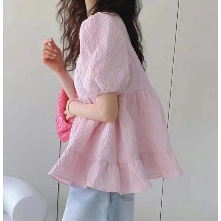 세인트이브 T5348 오버사이즈 프릴 캉캉 블라우스 반팔티