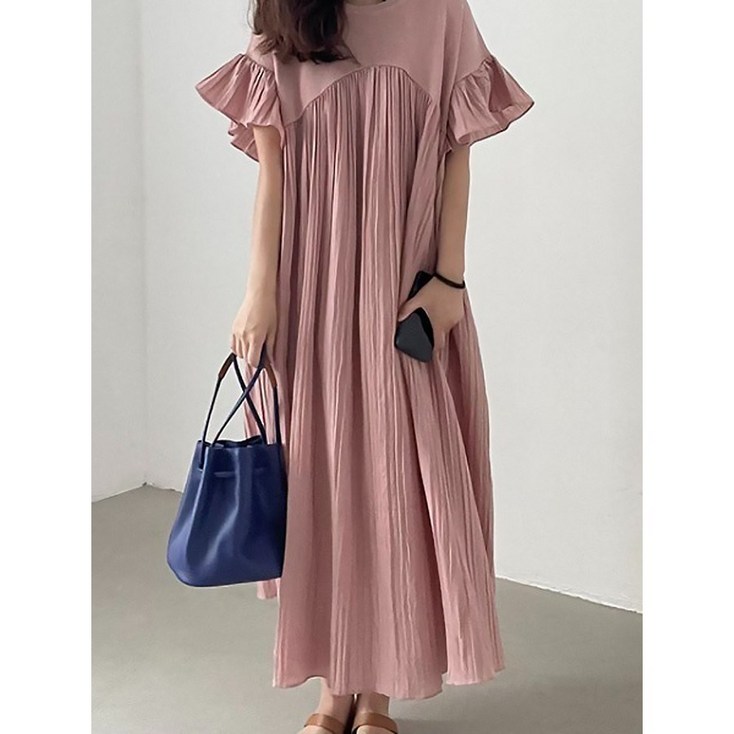 여성 쉬폰 원피스 박스핏 나팔 반팔 롱원피스