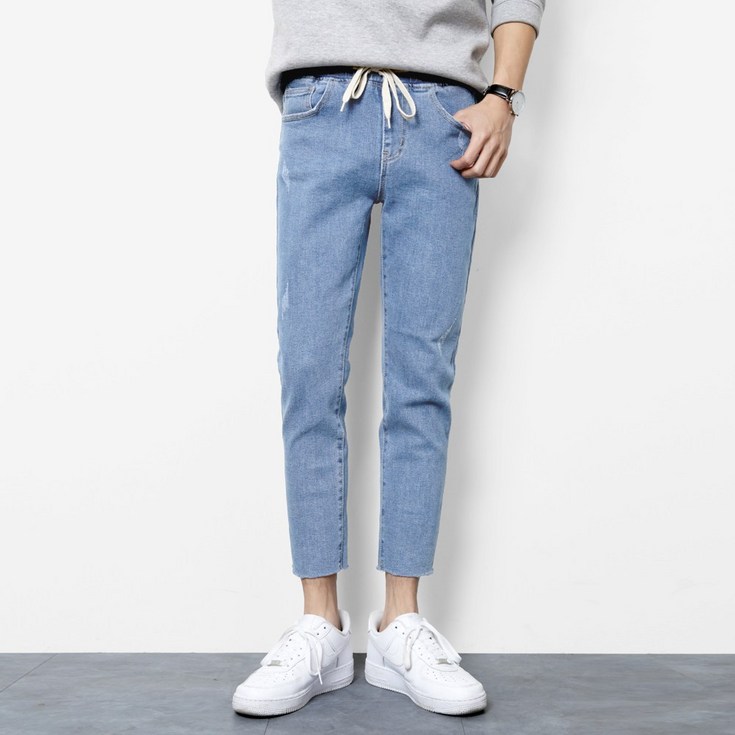 자코모 남녀공용 9부 스크래치 크롭 밴딩청바지 KDFJ5036