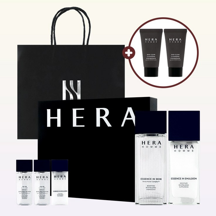 헤라 옴므 스페셜 2종 기획세트 옴므 에센스 인 스킨 에멀전 헤라 옴므 쉐이빙 클렌징 폼 50ml x 2개 쇼핑백 추가 증정