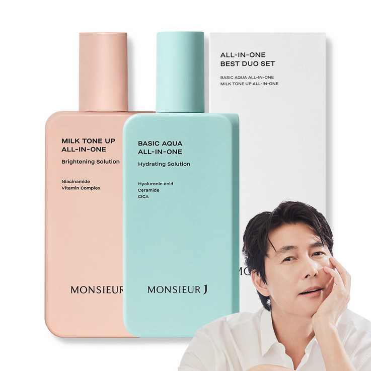 무슈제이 올인원 베스트 듀오 세트 베이직 아쿠아 수분 올인원 200ml  밀크 톤업 미백 올인원 200ml