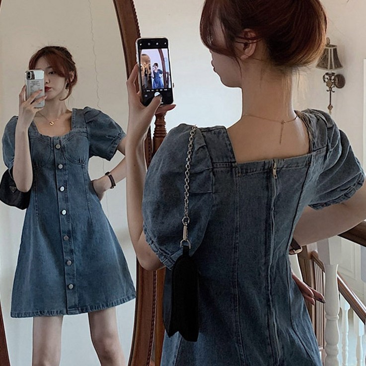 이쁜핏 데일리 청 퍼프 미디 반팔 데님 원피스