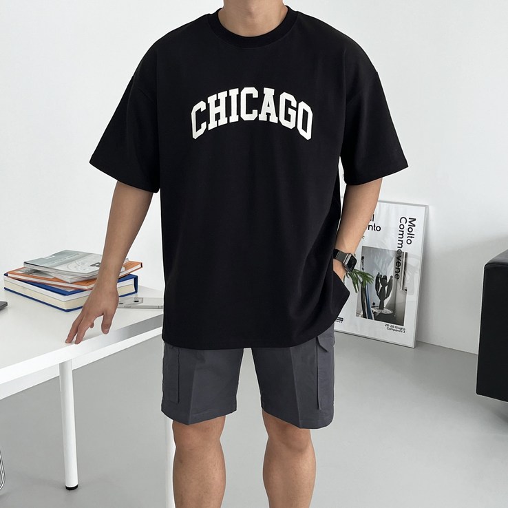 데일트 시카고 남자 오버핏 레터링 프린팅 여름 반팔 티셔츠 20230704