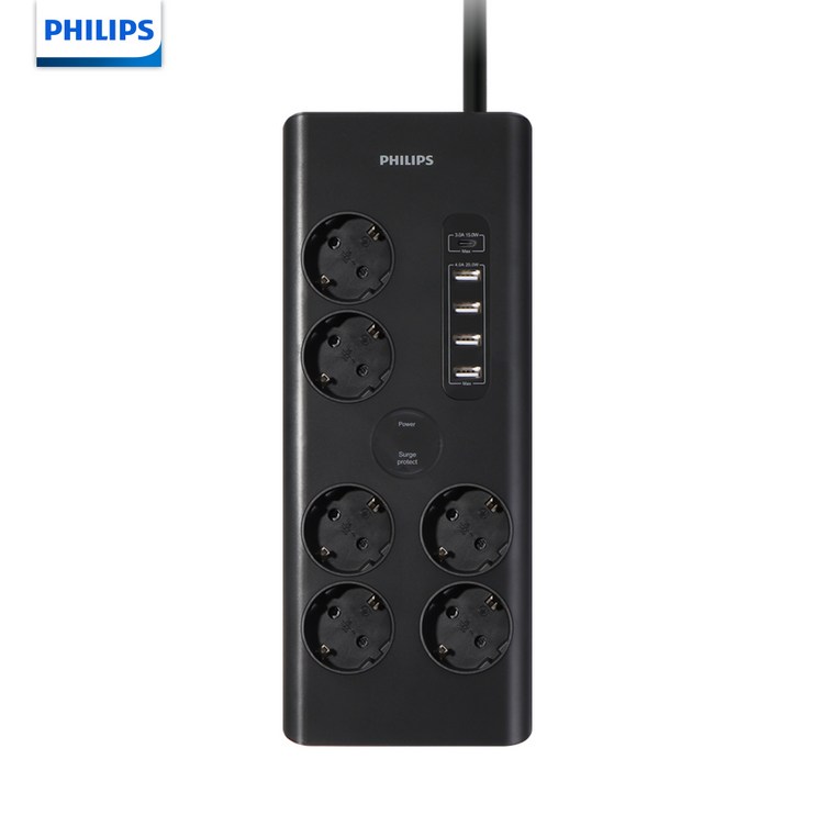 필립스 프리미엄 올블랙 서지보호 USB멀티탭 6구 낙뢰 과부하차단, 1개, 블랙