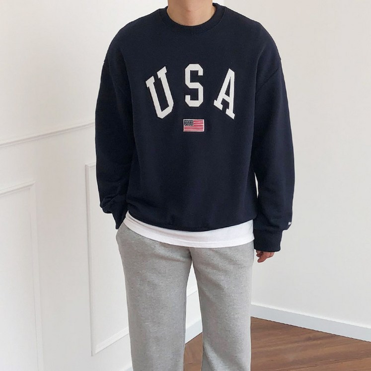 USA 자수 레터링 3단 쭈리 루즈핏 맨투맨 티셔츠