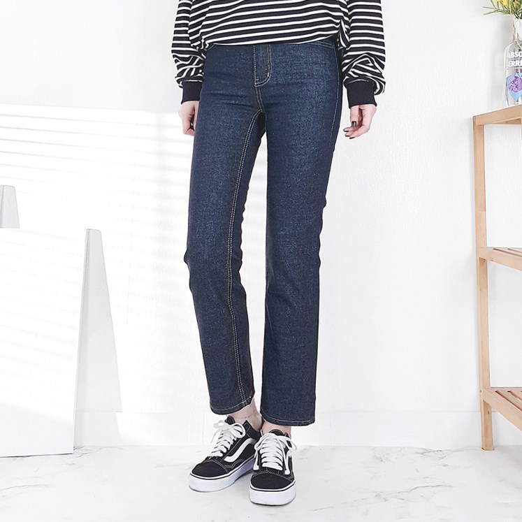 103st 논페이드 생지 데님 일자 청바지여성 스판 밴딩 블랙진 진청바지