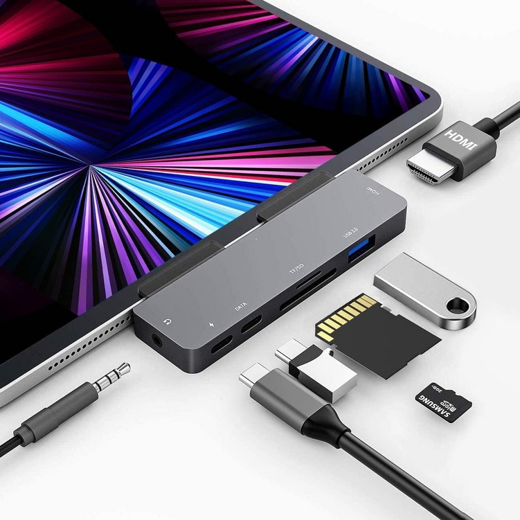 아이패드 프로 2022 2021 2020 용 7 in 1 USB C 허브 어댑터, HDMI 4K 60Hz, SDTF, USB3.0, PD 60W, 단일색상