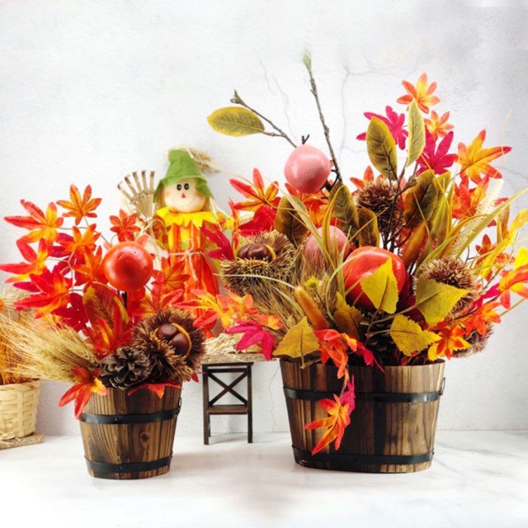 가을 오크통 조화 장식 꽃꽂이 감나무 단풍 가든 인테리어 소품 디자인 아이디어 상품, 혼합색상