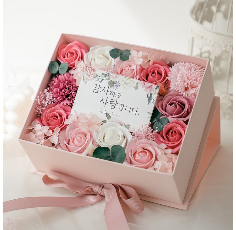 라솔트 비누꽃 생화 플라워 반전 용돈박스  메세지 카드  OPP 비닐 20장  전용 쇼핑백, 핑크, 1세트