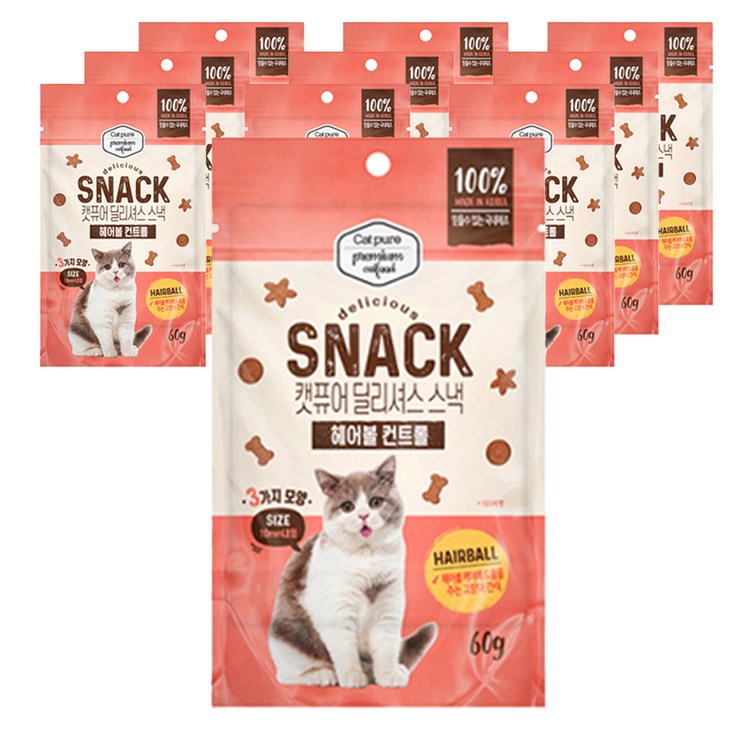 캣퓨어 고양이 딜리셔스 스낵, 10개, 60g, 헤어볼 컨트롤 캣퓨어 고양이 딜리셔스 스낵, 10개, 60g, 헤어볼 컨트롤
