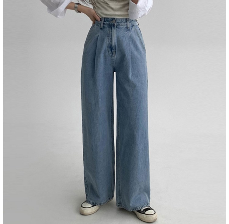 여성용 마로핀턱 와이드 데님 팬츠