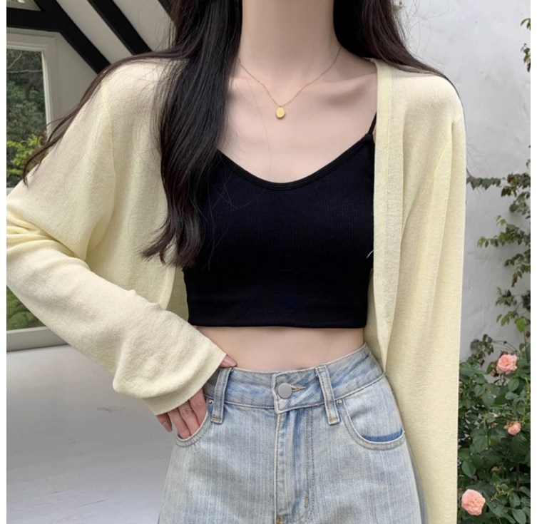 앙또드 볼레로 스판 니트 여자 크롭 가디건 데일리 솜사탕 레어이드 커버업 부클 봄 여름 가을 간절기 비치 가디건 살안타템