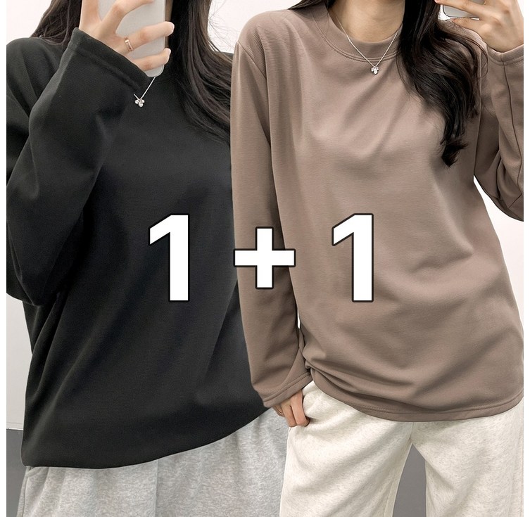 [1+1] 2장 묶음 여성 찹쌀 쫀득 링클프리 오버핏 분또 긴팔 티셔츠 8color M-XL
