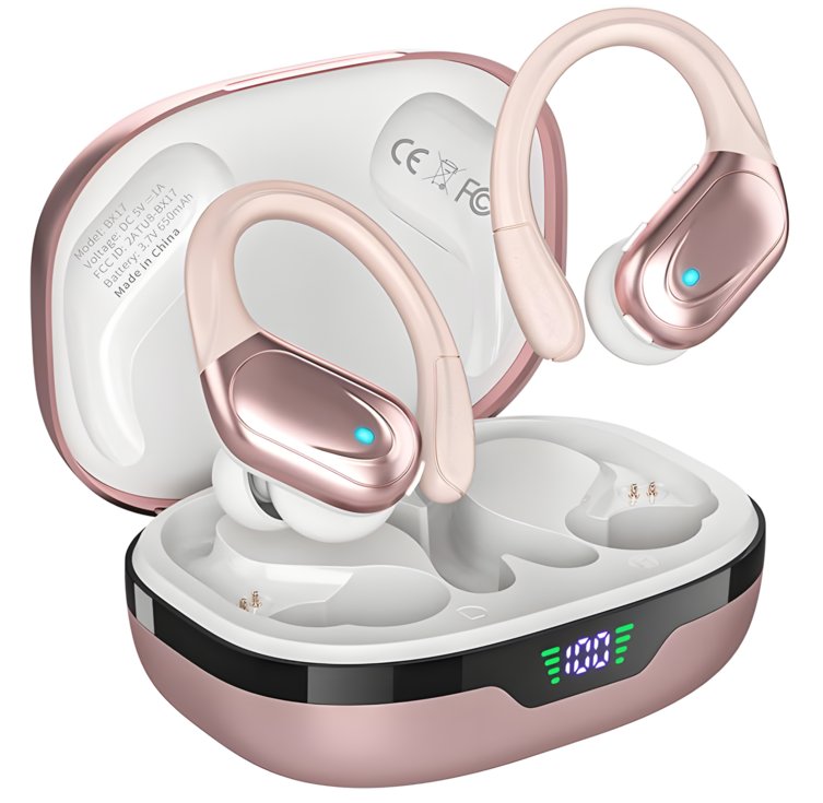 르닉박스 블루투스 5.4 귀걸이형 무선이어폰 노이즈 캔슬링 버튼식, 로즈골드