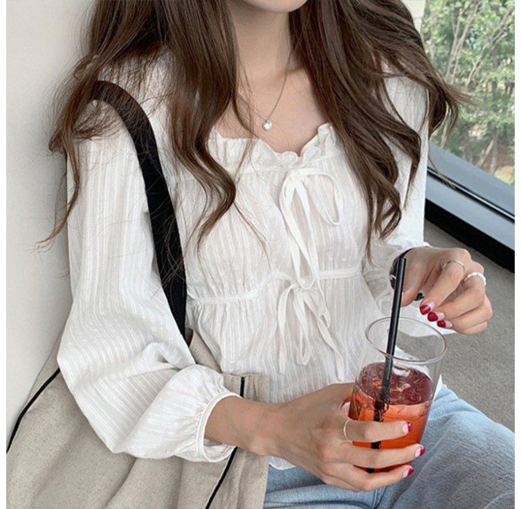 라라홀리 스퀘어넥 더블 리본 셔링 긴팔 블라우스