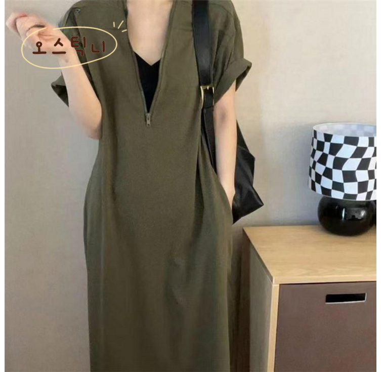 오스틱니 땡처리 특가상품 130kg까지 빅사이즈 여성 여름 집업 순색 빈티지 반팔 원피스 날씬해보이는 루즈핏 박스 프렌치 헵번 지퍼 심플 큰옷 여성의류 큰언니 롱원피스 이월상품