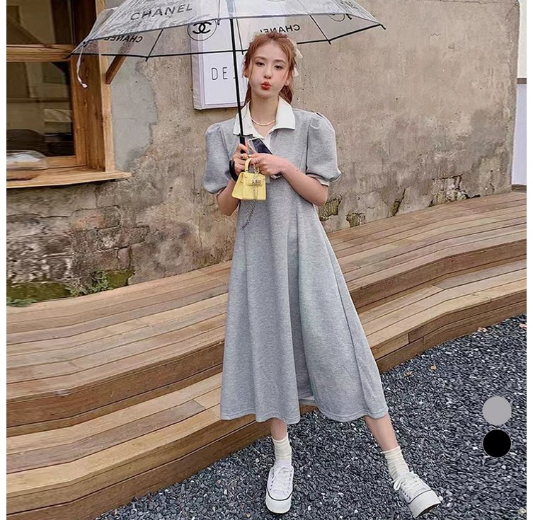 라라벨 여성용 원피스 카라넥 무지 베이직 배색 숄더퍼프 단추 러블리 데일리 반팔 원피스