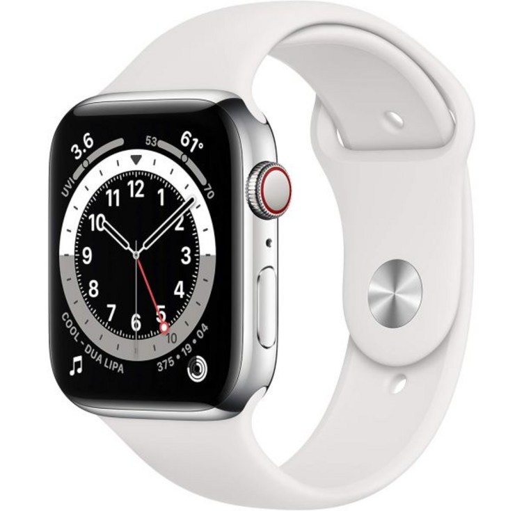 Apple Watch 시리즈 6GPS  셀룰러, 44mm  흰색 스포츠 밴드가 있는 실버 스테인리스 스틸 케이스아마존 공식 리퍼비시