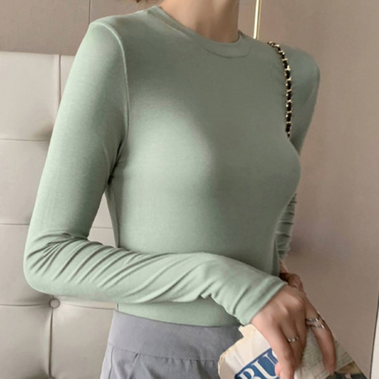 구디프 여성용 솔리드 컬러 라운드넥 긴팔 슬림 티셔츠